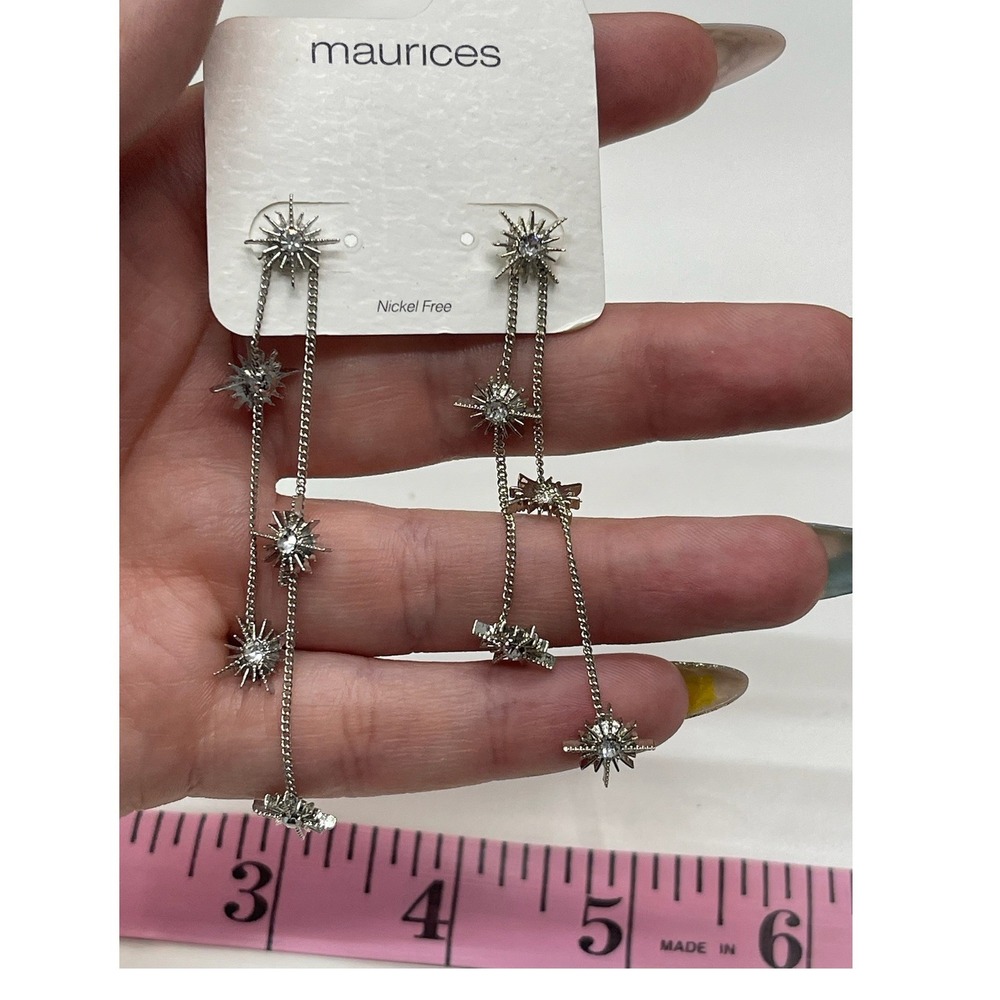 Mauricesโ Silver Tone Starburst Rhinestone Dangle Drop Earrings Nickel Free NEW